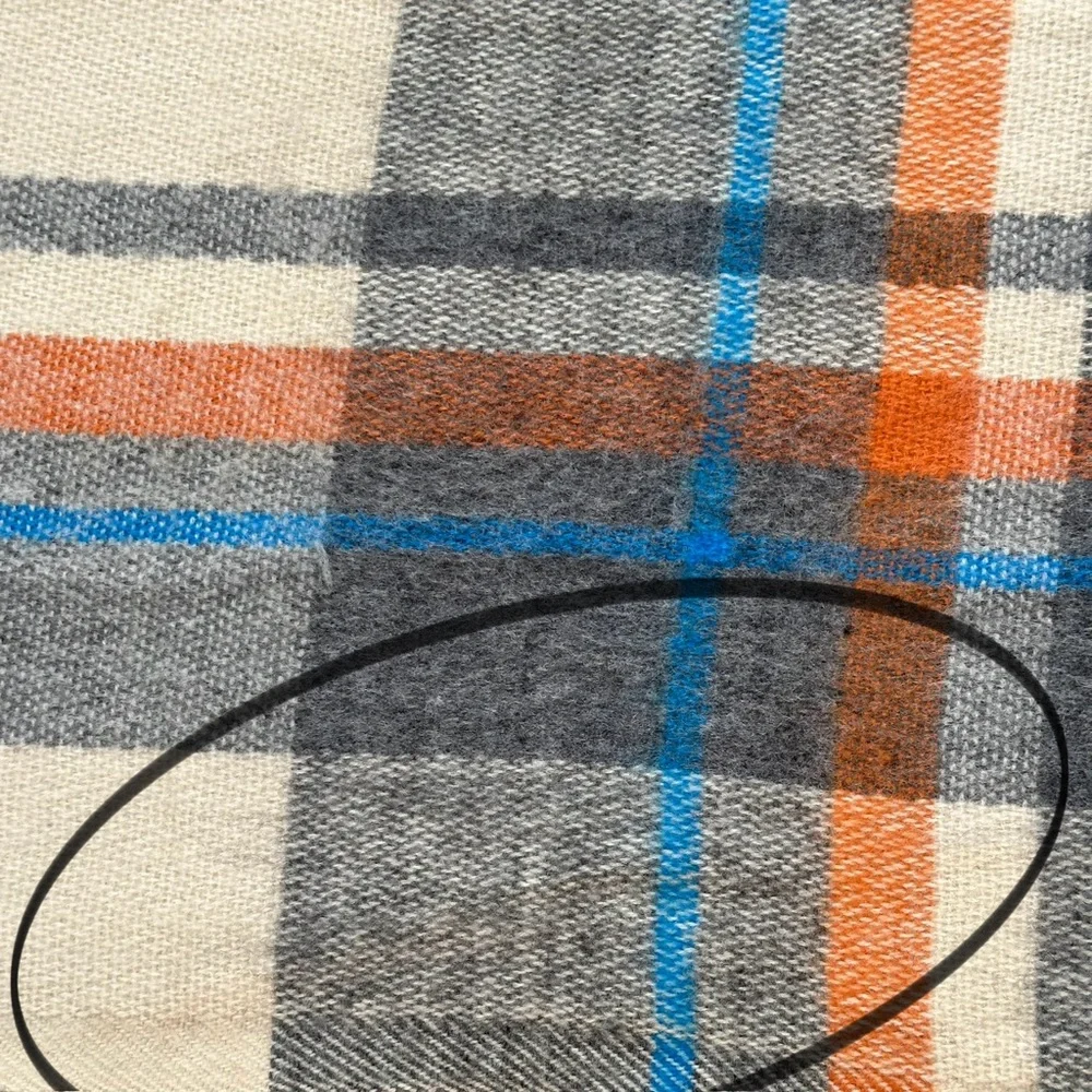 Oversized Fall Plaid Cozy Heavyweight Blanket Scarf - Cream Orange Blue Grey